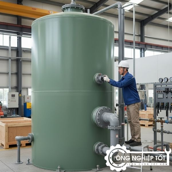 Bồn nước FRP công nghiệp 10m³ – kiểm tra mặt bích và hệ đường ống